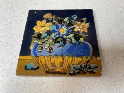 Vtg Tile by Mensaque Espana 5.5'' x 5 3/8'' Bowl of Flowers 1/2'' thick - Spain