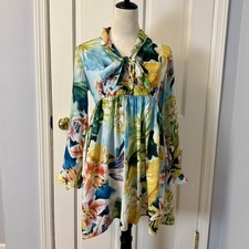 Amelia New York Lightweight Colorful Floral Mini Dress With Tie Neck, Size 6P