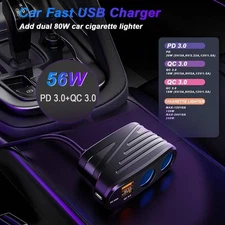 2-Way 120W Cigarette Lighter Splitter Power Adapter Socket Extension W/ Dual USB
