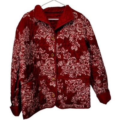 Homemade L Quilted Floral Jacket Womens Red White Button Front Collar Pockets