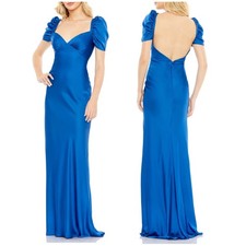 Mac Duggal NWT Sweetheart Neckline Satin Puff Sleeve Sheath Dress Size 8 Blue
