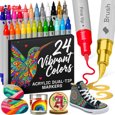 24 Acrylic Paint Markers - Paint Pens for Drawing, Brush + Fine Tips - for Fabri