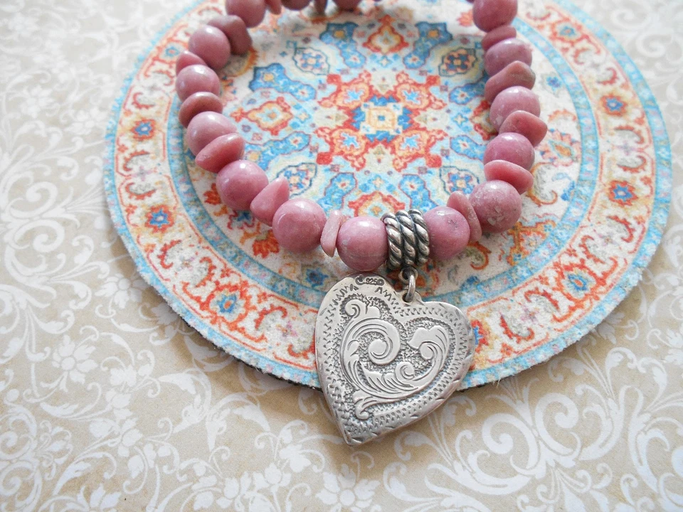 Pulsera Carolyn Pollack Sterling Grabado Corazón Rodonita Cuentas Elástica B42-1 Foto 3 de 4