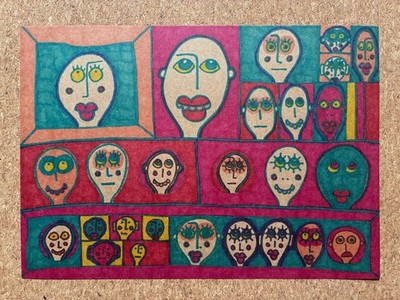 Gesichter in Schachteln - Original A4 Tuschezeichnung auf brauner Karte