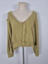 Free People Size Med Golden Road Cardigan Sweater Distressed Green