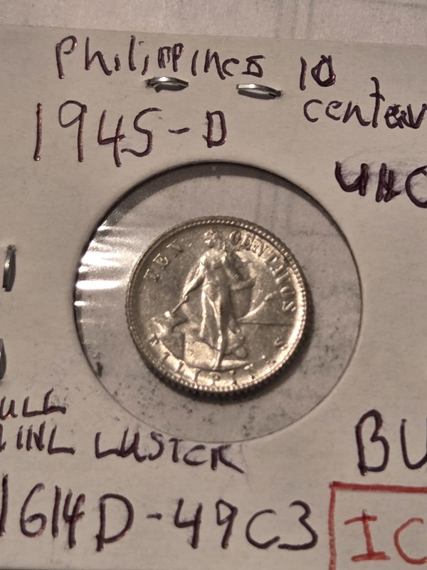 1945-D Philippine 10 Centavos Silver Foreign Coin UNC