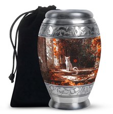 Red Flowers White Cat Large Unique Urn For Ashes Adult Mom  Dad 10 Inch 