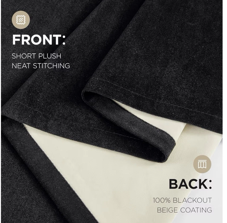 2 Paneles 100% Cortinas Opacas, Lujo Aislamiento Térmico Terciopelo Negro 52W x 72L Foto 3 de 4