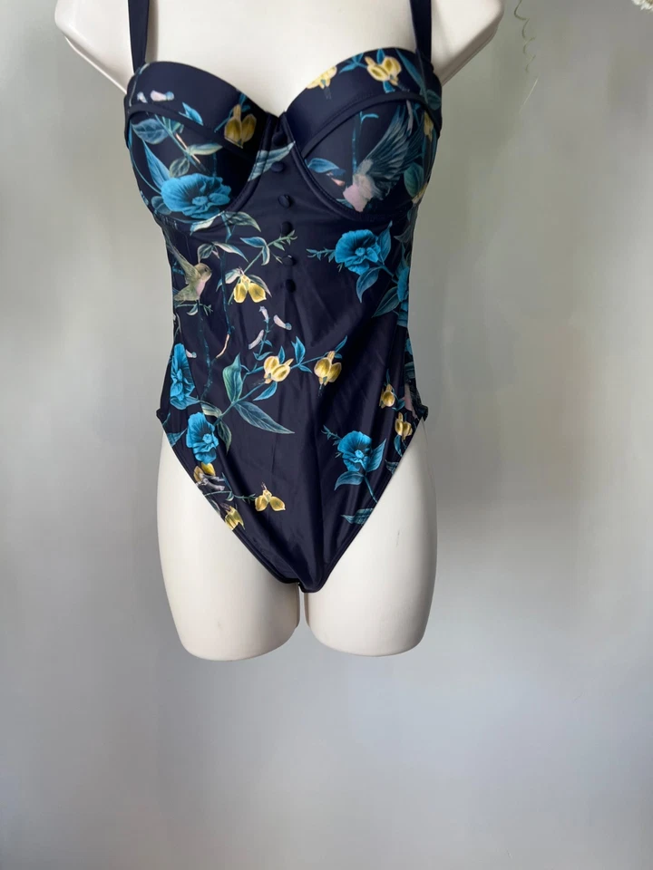 Traje de baño TED BAKER TB 2 UK 10 Rainnah azul marino floral ahuecado botón correas extraíbles Foto 3 de 4