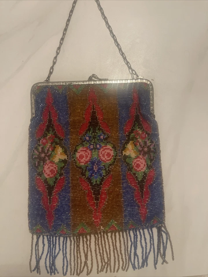 Antigua bolsa victoriana con cuentas art deco vidrio cuentas flores rosas alemania Foto 2 de 4