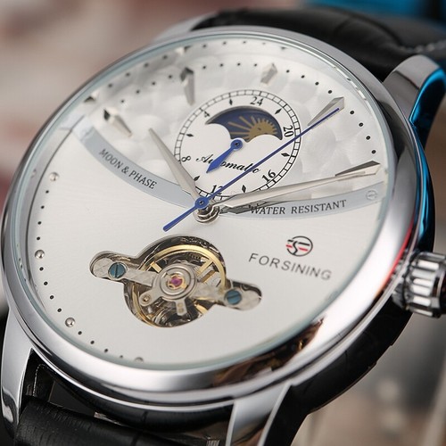 Relojes mecánicos de cuerda automática FORSINING Tourbillon esfera fase lunar reloj de cuero - Imagen 8 de 14