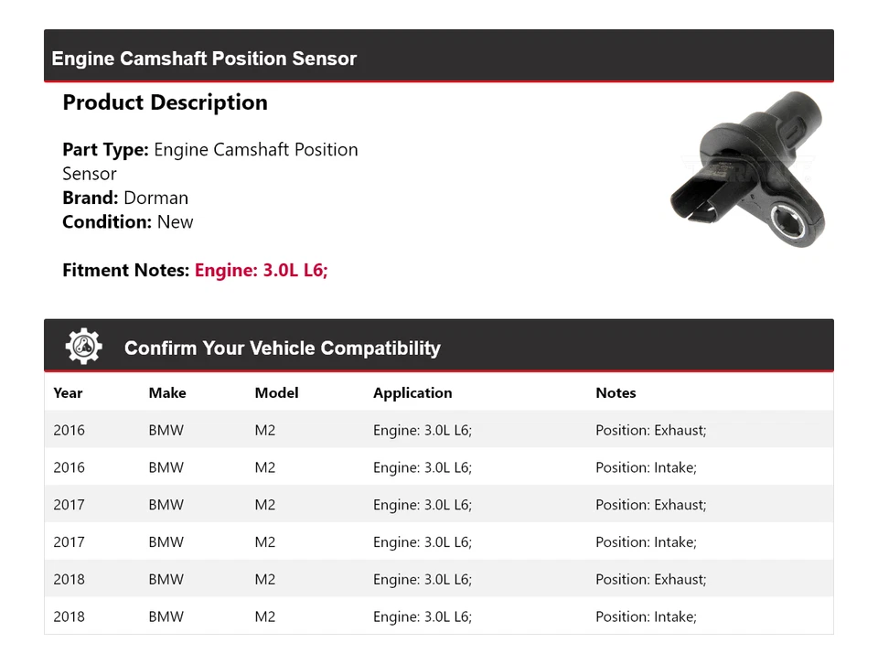 Sensor de posición del árbol de levas 2017 para BMW M2 2016-2018 3,0 L L L6 motor Dorman Foto 2 de 4