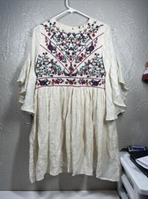 Umgee Boho Floral Embroidered Ruffle Sleeve Ivory Mini Dress Size Small