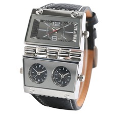 OULM Brand Men's Military Army Watches Quartz Multi Time Zone Leather Wristwatch
