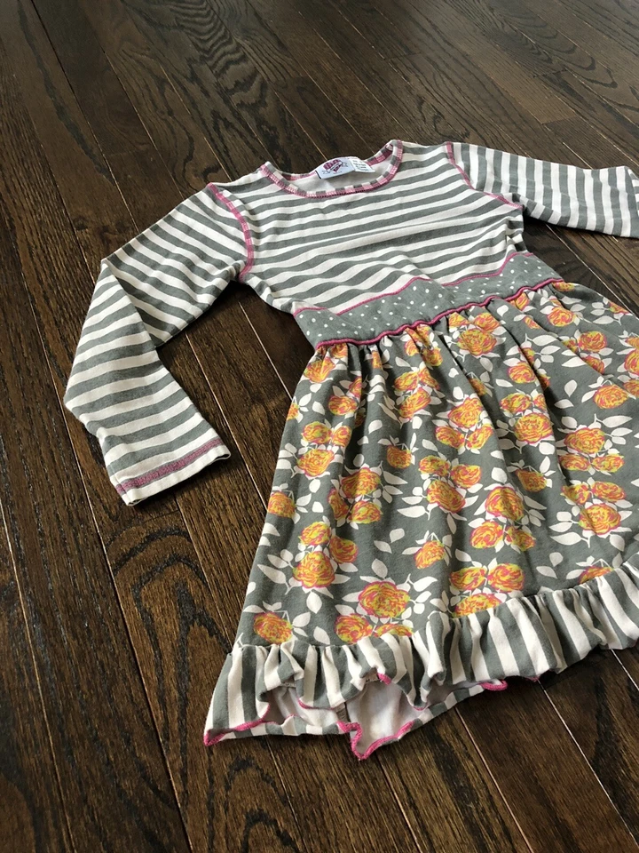 Vestido Ann Loren Niñas 7/8 Gris/Crema/Rosa Multi-Diseño Manga Larga Línea A Algodón Foto 2 de 4