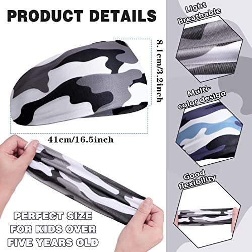 6 Pcs Kids Boys Headbands for Boys Athletic Sweatbands Boys Camouflage - Picture 3 of 6