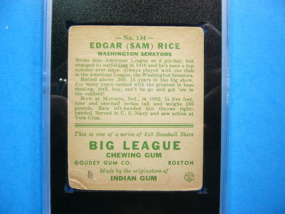 Tarjeta de béisbol 1933 Goudey Gum MLB #134 Edgar Rice KSA 2 GD bonita '33 GL Foto 4 de 4