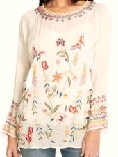 Johnny Was Gella Cream rayon floral butterfly embroidered Boho tunic top S NWT