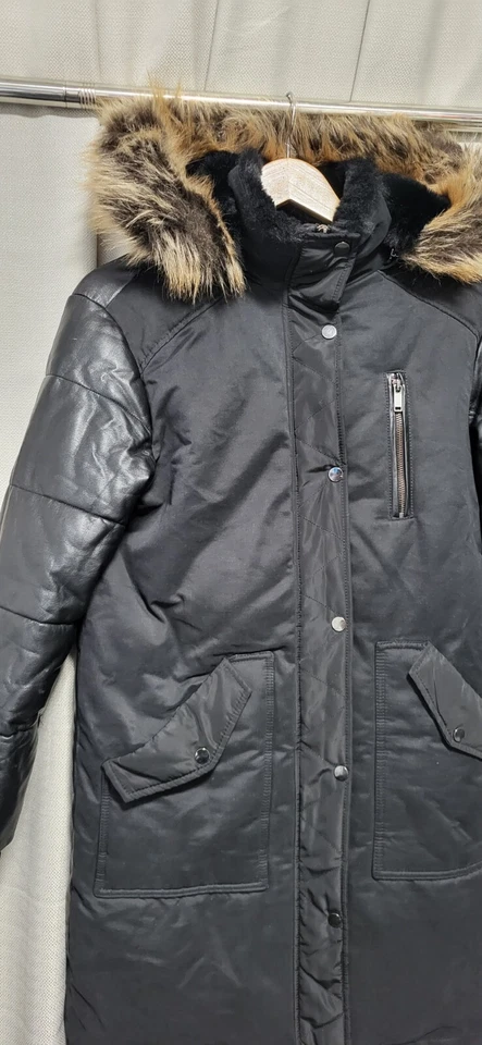 PVP£220 COMO NUEVO TERCIOPELO Damas 1/2 CHAQUETA PARKA IMITACIÓN CUERO ABRIGO CON CAPUCHA UK8 Foto 2 de 4