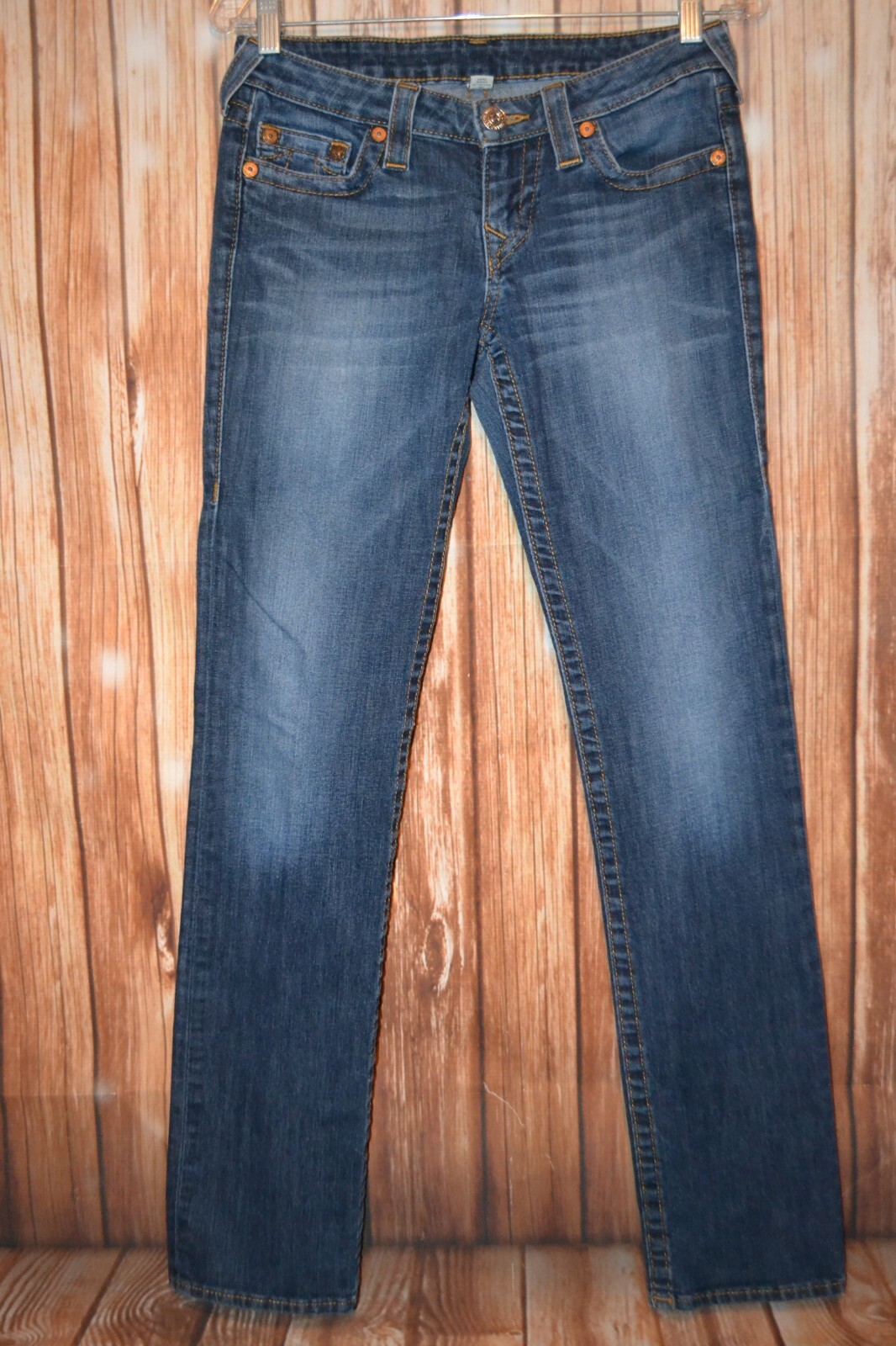 True Religion Women's Straight No Pocket Flaps Blue Denim Jeans Sz 28x33 thumbnail 4