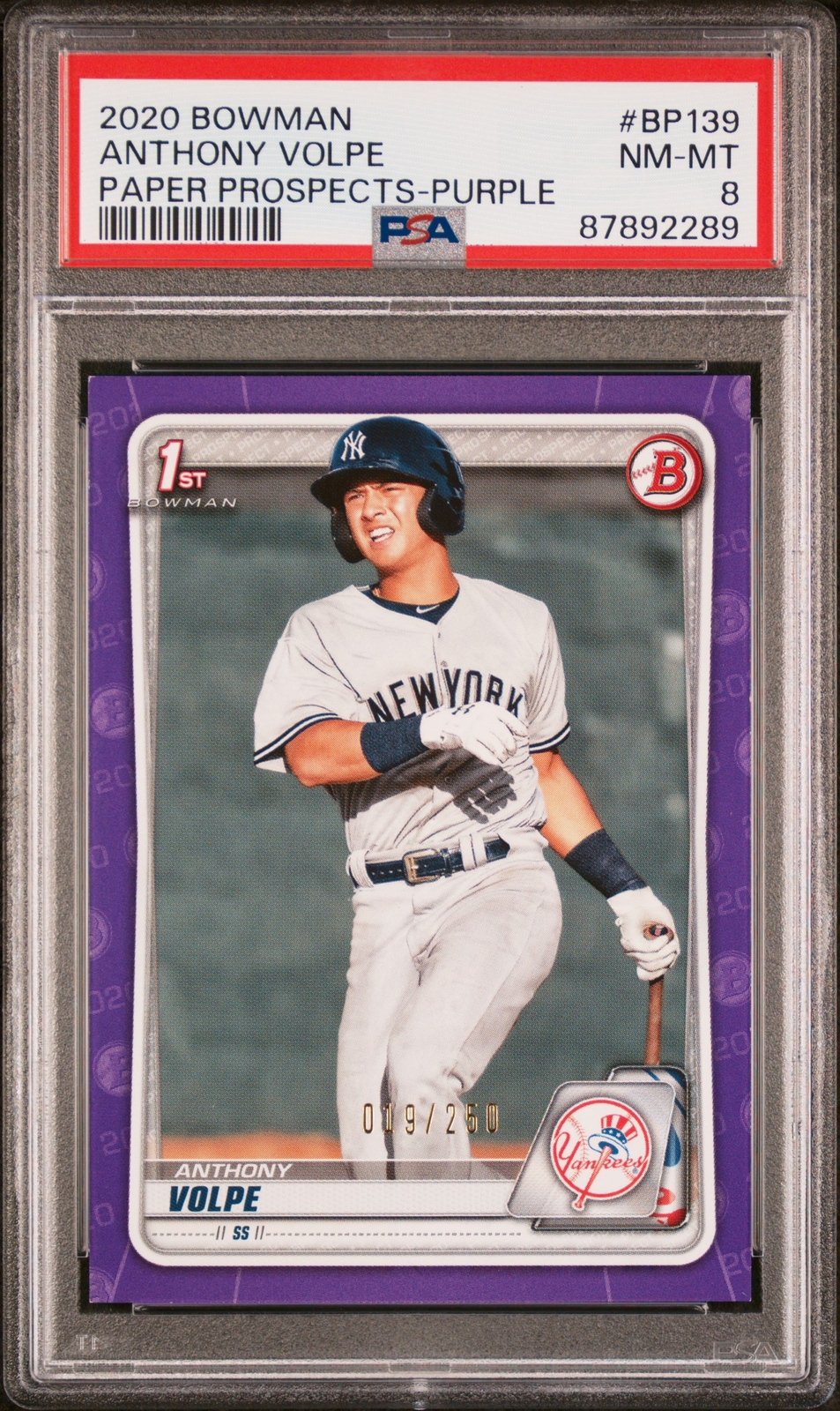 2020 Bowman #BP-139 Anthony Volpe Prospects Purple #/250 PSA 8