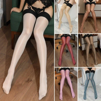 30D Women Thigh-Highs Hosiery Shiny Stockings Oil Glossy Lace High Hold-Ups