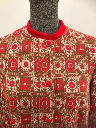 Vintage retro 60s 70s red tan winter wool knit long sleeve dress M 10 Modest - Picture 2 of 9