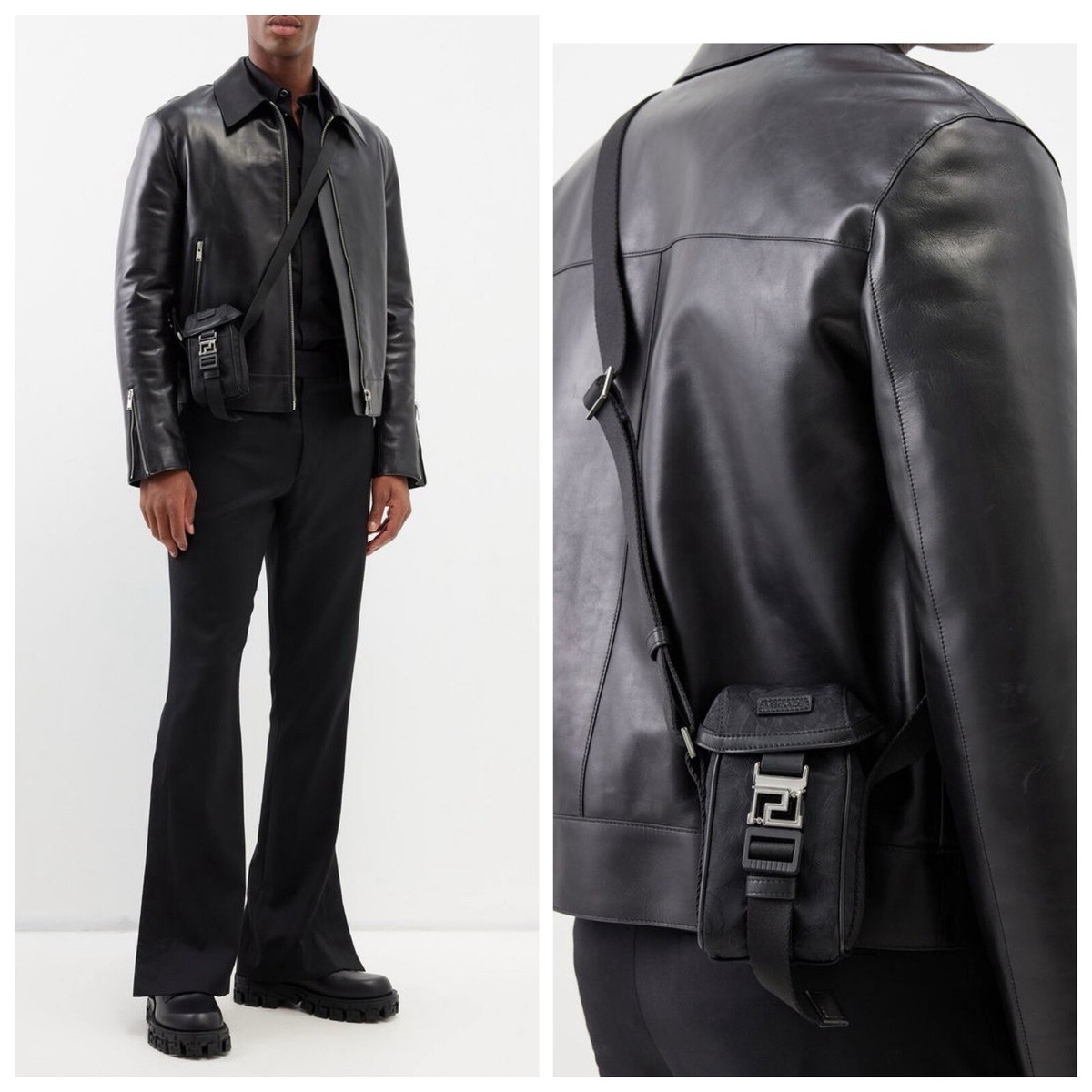 VERSACE| (Neo Nylon Barocco Messenger Bag(1011988 1A087 Versace Neo Jacquard Barocco Nylon Leather Trim Small