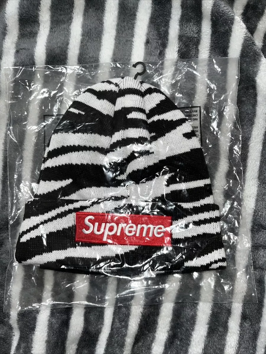 SHIP NOW Supreme New Era Box Logo Bogo Beanie Black/White Zebra Print