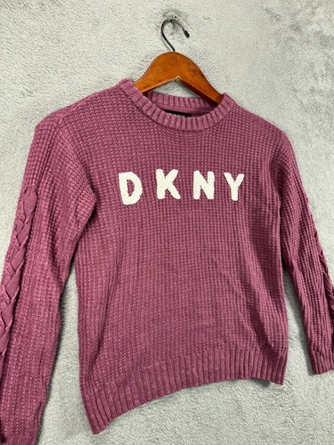DKNY Girls Small Pink Sweater Chunky Knit Ivory Logo Bow Braided Sleeve Cotton - Picture 9 of 11