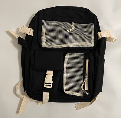 Black and Cream Colored Backpack, 16'' x 12'' x 4''