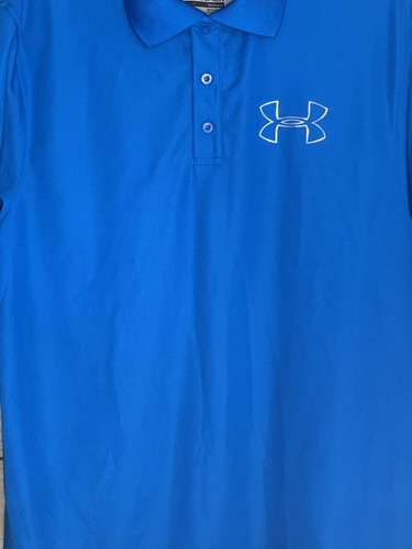 Under Armour Mens Polo Golf Shirt Size M Blue Stripes Heat Gear Loose ColdBlack - Picture 2 of 6