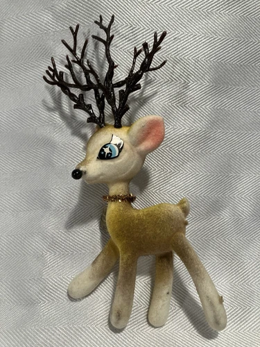 Vintage Flocked Reindeer Christmas Ornament 