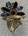 Blue Marquis Silver Tone Texture Leaf Vtg Rhinestone Flower Brooch Pin Purple