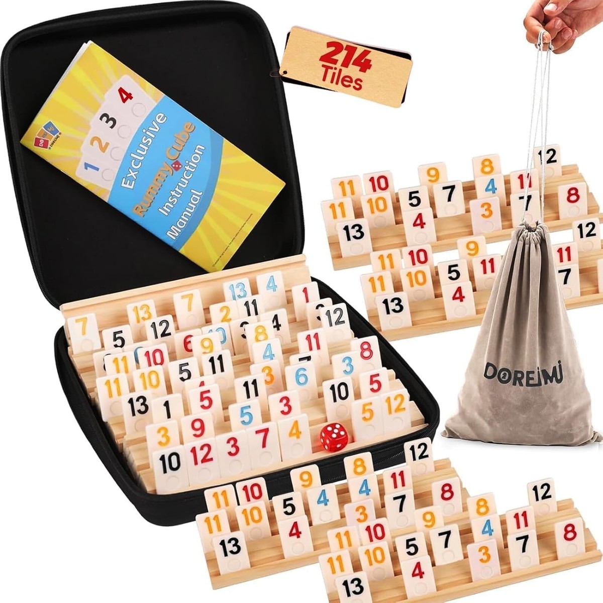 Rummy Cube 8 Player Upgraded Edition with 8 Wooden Racks,214 Tiles
