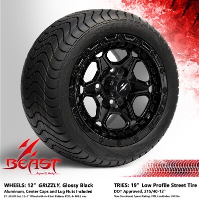 4x GOLF CART 12'' BLACK 'GRIZZLY' WHEELS and 215/40-12 DOT LOW PROFILE TIRES