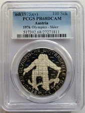 1975 Austria 100 Schilling ~ Olympics 1976 ~ Skiing Innsbruck ~ PCGS PR 68 DCAM