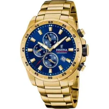 Festina Timeless Chronograph F205412 Mens Gold Stainless Blue Analog Dial Watch