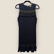 Michael Kors Navy Blue Studded Ruffle Crepe Dress Small Sleeveless Mini