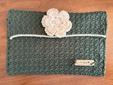 Crocheted Book Cover/Sleeve with Flower, Button & Flap Closure Dark Green Flower