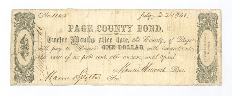 1861 $1 Page County Bond - Luray, VIRGINIA Note CIVIL WAR Era