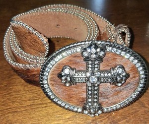 Genuine Cowhide Dark Brown Rhinestone Cross Belt & Buckle Buckle 45"Long