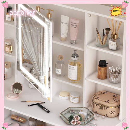 White Vanity Desk Dressing Table w/ LED Lighted Mirror, 7 Drawers Makeup Dresser - Picture 9 of 11