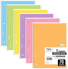 Spiral Notebook, 6 Pack, 1 Subject, College Ruled Paper, 7-1/2" X 10-1/2", 70 Sh