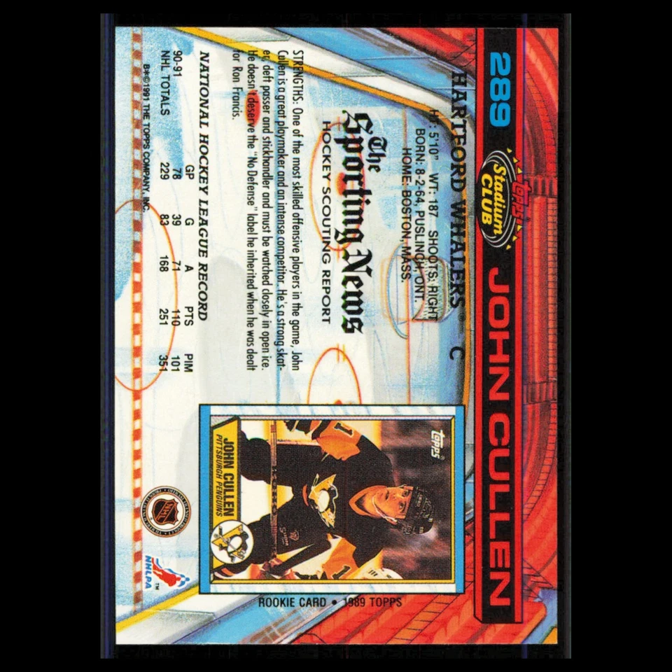 John Cullen #289 1991 Topps Stadium Club Hartford Whalers Hockey Card NHL NM - Image 2 of 3