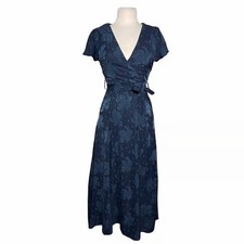 Lulus Maxi Dress Women medium Navy Blue Floral Burnout Flutter Sleeve Surplice