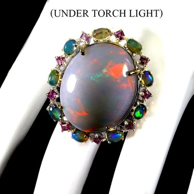 925 Sterlingsilber Ring Oval Feuer Opal 34.2ct Handgefertigt Edelstein Größe 9 - Bild 1 von 4