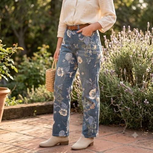 Unbranded Floral Jeans Womens 30 Blue Denim Boho Vintage Straight Leg Boho Read!