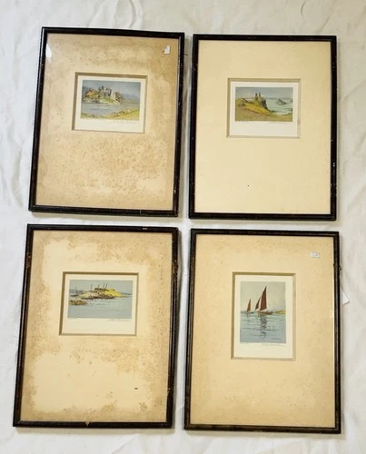 Set of 4 Hand Coloured Vintage Aquatints Signed by A. Fraser, Scottish Landscape