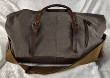 Vintage Gray Canvas Brown Genuine Leather Weekender Duffel Bag